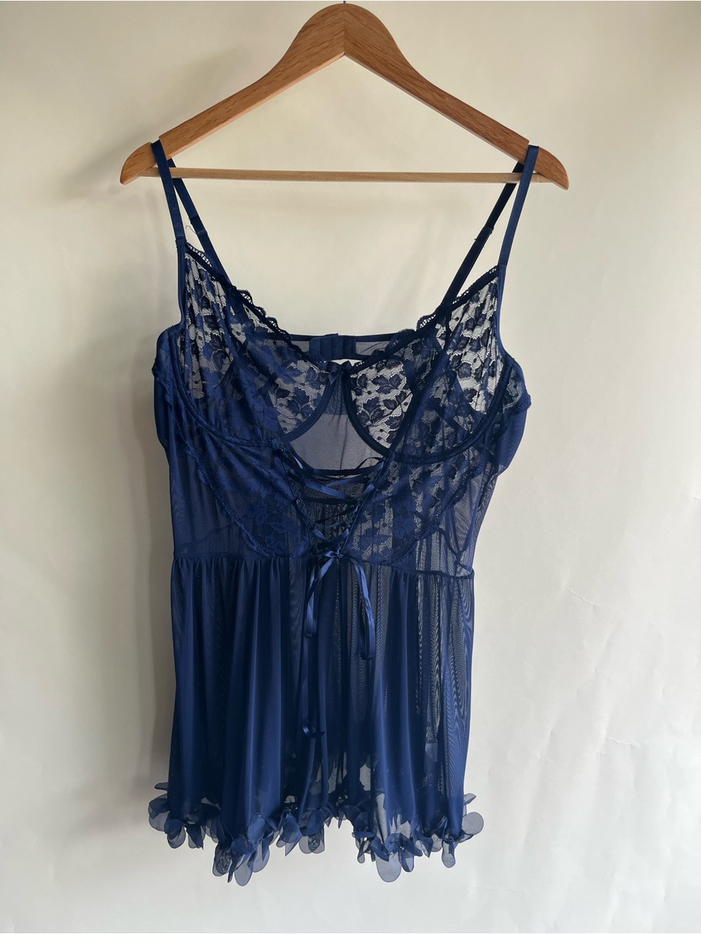 Tidouk Nightie Lingerie Negligee Chemise Sz XXL Blue Sheer Mesh Lace EUC